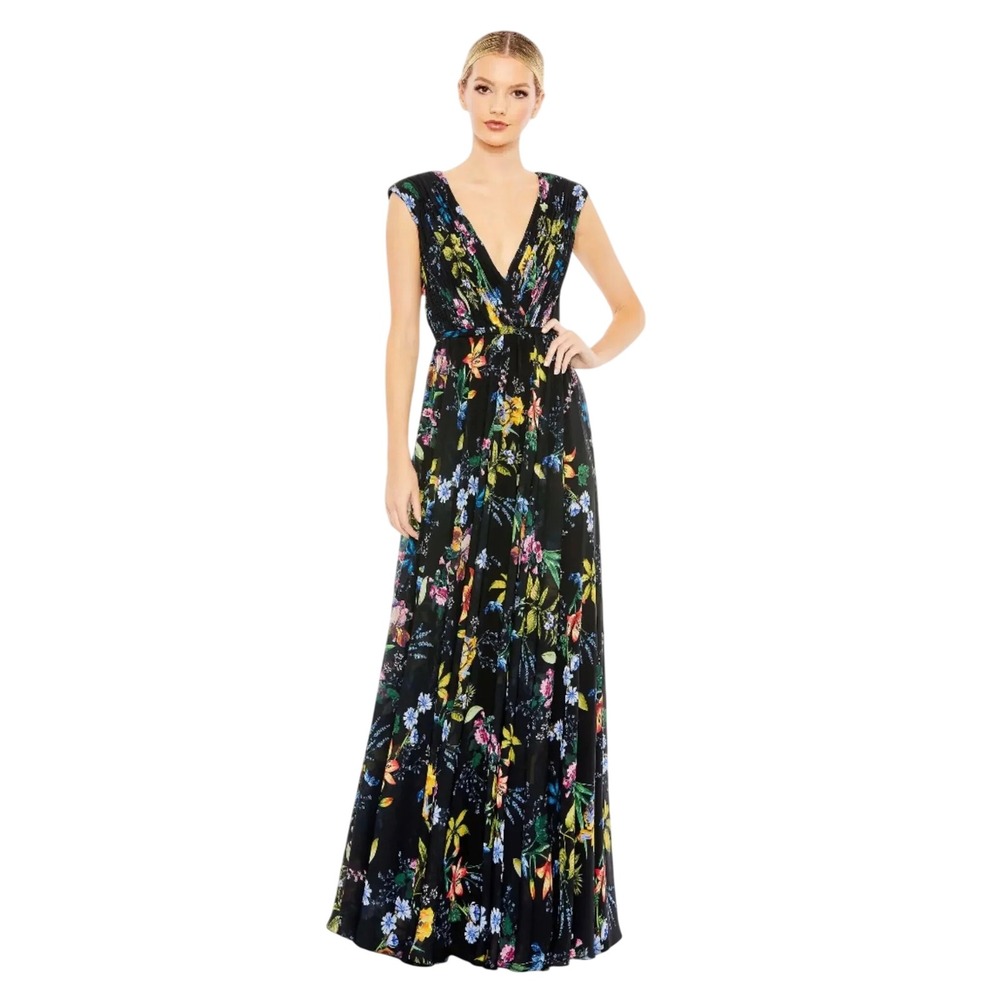 Mac Duggal 55829 Floral Chiffon V-Neck Pleated Maxi Gown Black Multi